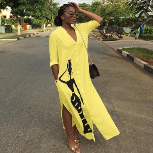 2020 Single Breasted Fashion Sexy Women Long Dress Summer V Neck Long Sleeve Casual Side Split Straight Printed Shirt Dress