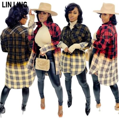 LINLING Sport and Leisure Long Irregular Plaid Printed Single Breasted Loose Shirt Color Matching Basic Coat