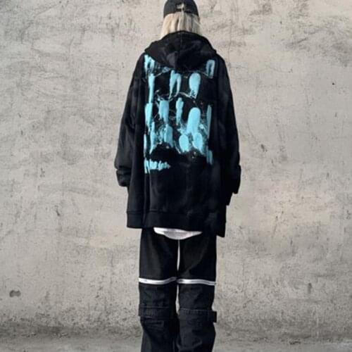 Dark high street retro old gradient washed hooded zipper cardigan sweater men and women graffiti jacket y2k tops E-girl 2000s