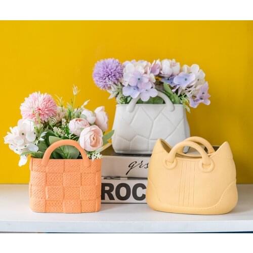 Ceramic Vase Home Decor Vases Nordic Home Decoration Flower Pot Handbag Wide Mouth Living Room Flower Arrangement Simple Style