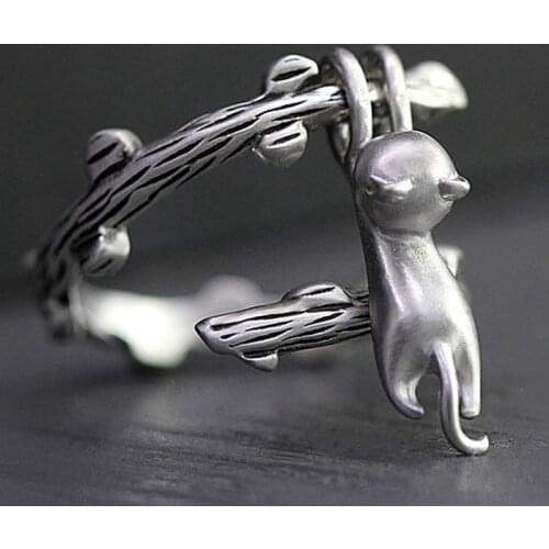 Creative Climbing Kitty Finger Opening Rings Tree Branch Ring for Women Silver Color Adjustable Jewelry