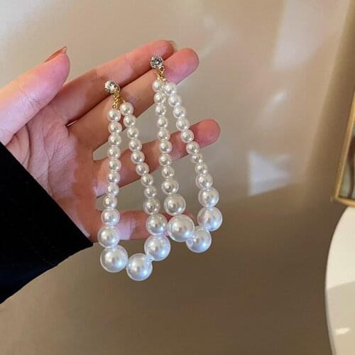 Korean Elegant Wild Long Rhinestone Pearl Bow Heart Shaped Dangle Earrings Ins For Female 2021 Trend Earings