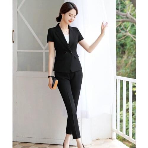 Summer Formal Ladies Black Blazer Women Business Suit with Pant and Jacket Set Work Wear Office Uniform Styles Pantsuits