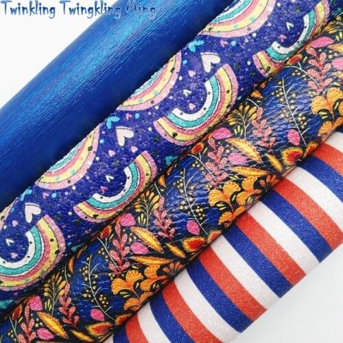Rainbow and Stripes Printed Glitter leather,Flowers Printed Synthetic Leather Fabric Sheet For Bow 21x29CM Twinkling Ming KM313