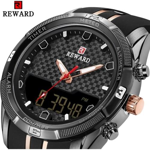 REWARD Men Dual Display Wristwatches Luminous Hands Black Silicone Band Alarm Multi Functional Waterproof Sports Clock Male