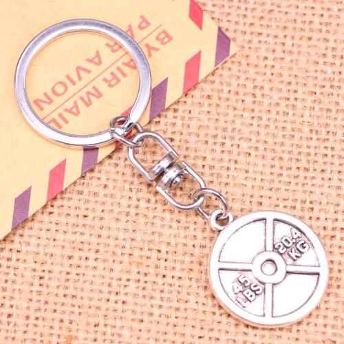 New Fashion Keychain 24x28mm barbell disc weight 45lbs 20.4kg Pendants DIY Men Jewelry Car Key Chain Souvenir For Gift