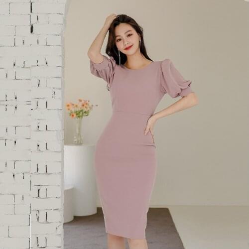 New arrival fashion korean summer party night club dress women OL temperament sweet sexy backless puff sleeve pencil midi dress