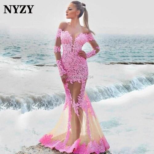 NYZY E284 Custom Sexy Long Sleeves Lace See-through Evening Dresses 2020 Wedding Party Dresses Prom Women Evening Gown