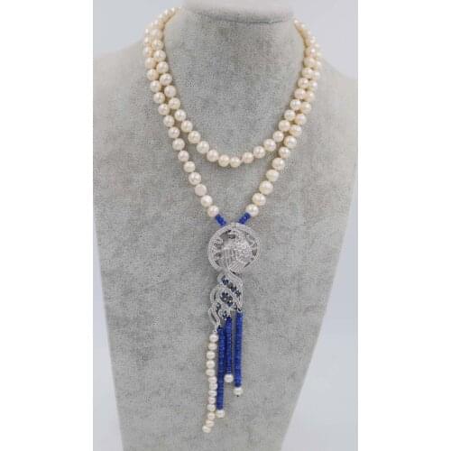 Freshwater pearl white round necklace 8-9mm 36inch blue red jades peafowl wholesale beads nature gift discount