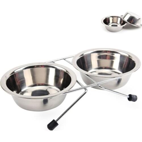 Durable Silver Anti Slip Double Bowls Stainless Steel Accessories Food Container Pet Supplies With Bracelet Puppy Cat Dog Feeder