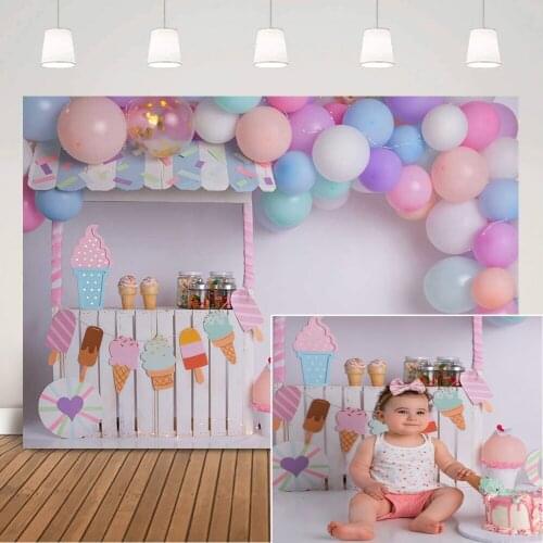 Ice Cream Sweet Children One Birthday Backdrop Photography Candy Colorful Balloons Newborn Baby 1st Portrait Background Props
