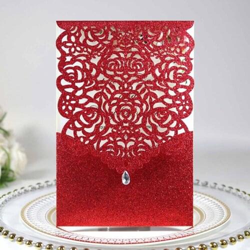 50Pcs/Lot Wedding Invitations Mariage Announcement Paper Hollow Laser Cut Business Greeting Card Glitter Diamond Wholesale
