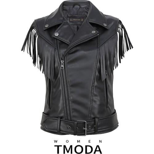 TMODA2006 Women Autumn Fux Pu Tassel Leather Vests Jacket Lady Motorcycle Zippers Slim Waistcoat Female Overcoat Sleeveless Tops