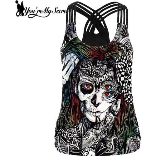 [You're My Secret] Summer Women Tops Skull Gothic Smiling Joker Vampire Print Punk Vest Neck Sleeveless Hollow Casual Tank Top