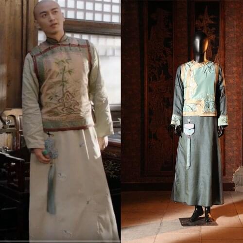 Embroidery Bamboo Orchid Male Costume 2 Designs Late Qing Dynasty Rich Mens Long Gown for Latest TV Play Nothing Gold Can Stay