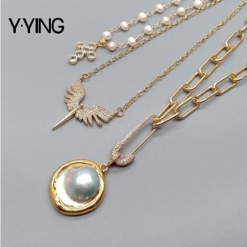 Y·YING natural Cultured White Pearl Mabe Pearl CZ Crucifix Charm Chain statement Necklace 16.5" -21" for women