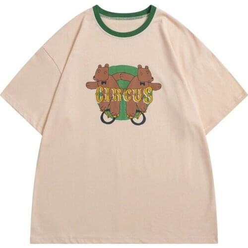 Harakuju Cartoon Bear Print Graphic T Shirts Women 2021Summer Short Sleeve O-neck Preppy Style Female Cotton Tee Tops