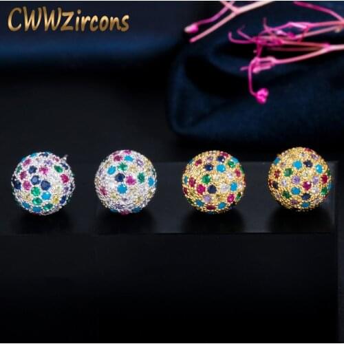 CWWZircons Classic Micro Pave Cubic Zirconia Bead Round Colorful Rainbow Disco Ball Stud Earrings for Women Boho Jewelry CZ712