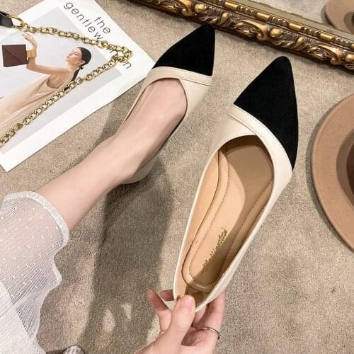 Pointed toe suede&leather patchwork flat shoes woman black/beige mixed color loafers women soft bottom ballet flats plus size 44