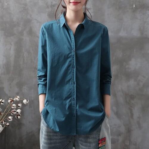 100% Cotton Vintage Women Shirts Summer 2021 Turn-Down Collar Blue Long-Sleeved Straight Casual All Match Female Outwear Tops