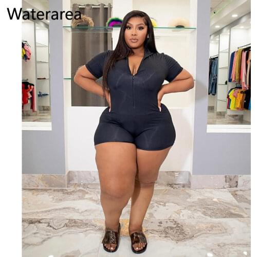 Waterarea Plus Size Women Short Sleeve Zipper Up Skinny Playsuit Fashion Basic Streetwear Romper Outfits
