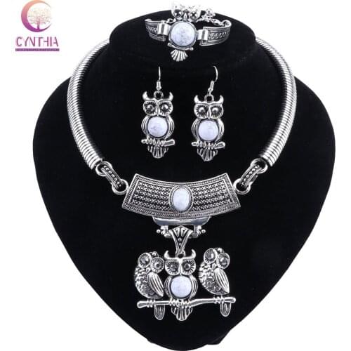 CYNTHIA Black Stone Jewelry Sets Vintage Necklace Earrings Bracelet Set For Women Owl Pendant Fashion Party Jewelry Sets