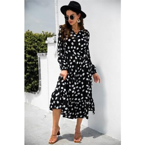 2021 Women Autumn Winter Long Sleeve Dress Ruffles Hem Patchwork V Neck A-line Polka Dot Sashes Black Casual Dresses