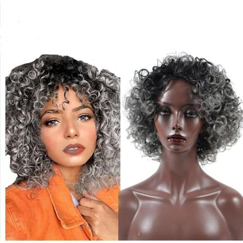 ZM 12" Short Afro Kinky Curly Wig Two Tone Synthetic Hair Wig Mixed Ombre Grey and Black Wig for Women Yellow Wig Heat Resistant