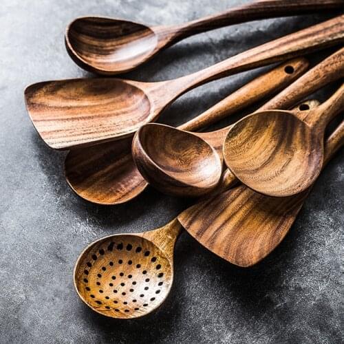 1/7PCS Wooden Cooking Utensils, Teak Spoons for Cooking Wood Utensil for Nonstick Cookware, Kitchen Utensils Set