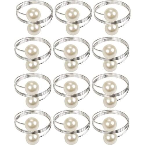 12 Pcs Pearl Napkin Buckle Hoop Napkin Rings Circle Serviette Holder for Wedding Hotel Supplies Table Decoration,Silver