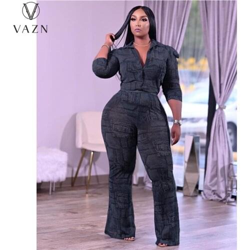 VAZN 2021 fashion women new street casual style sets long sleeve lapel top elastic long pants printed two piece sets