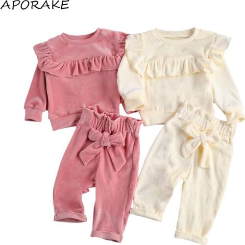 2021 0-12M Infant Baby Girl Clothing Winter Spring Solid Color Ruffle Long Sleeve Pullovers Top+Bow Long Pants Kids 2pcs Outfits