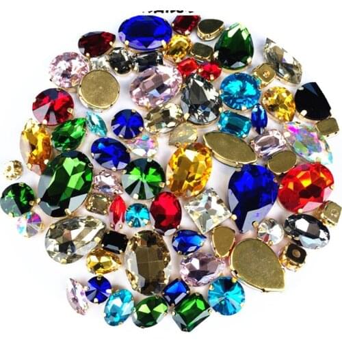 Promotion!Top quality Clear Crystal Mix Color DIY Clothes Decoration Sew on rhinestones Gold Flatback Rhinestones Glitter Gems
