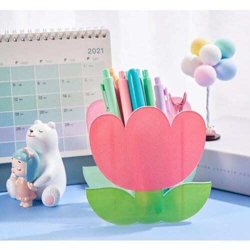 Rainbow Cactus Shape Acrylic Pen Holder Cute Multi Compartments Pencil Box Kids Desktop Stationery Organizer Decoration