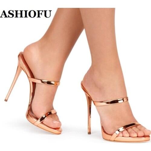 ASHIOFU Handmade Womens High Heel Sandals Sexy Patent Leather Rose Gold Mules Summer Shoes Evening Club Fashion Sandals Shoes