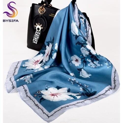 [BYSIFA] Spring Indigo Silk Small Square Scarf Ladies Fashion 100% Natural Silk Neck Scarf Small Bag Ribbons Fall Brand Scarves