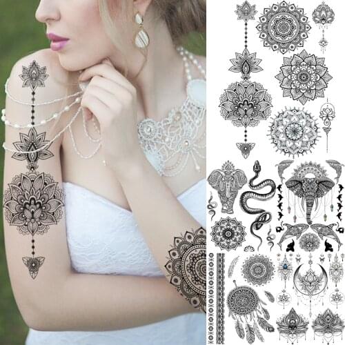 Black Henna Mandala Arm Temporary Tattoos For Women Adult Snake Elephant Fake Tattoo Sticker Washable Half Sleeve Tatoos Decal
