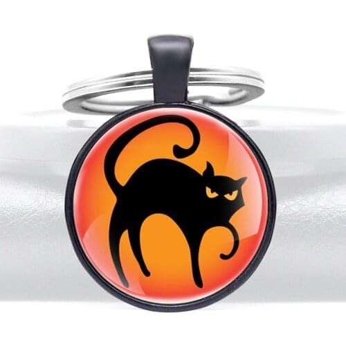 Classic Black Cat Glass Dome key Chains Halloween Men Women Key Ring Jewelry Gifts