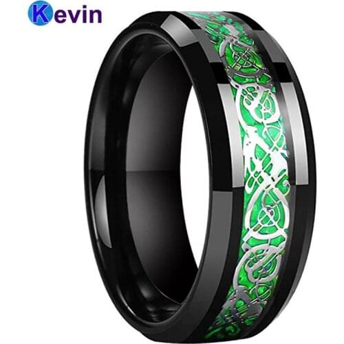 8MM Tungsten Carbide Ring Black Men Ring With Green Carbon Fiber And Dragon Inlay Comfort Fit