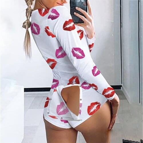 Plus Size 5XL Casual Long Sleeve Lip Print Bodysuit Women Sexy Rompers Butt Opening Jumpsuit Fall 2021 Overalls Clothes