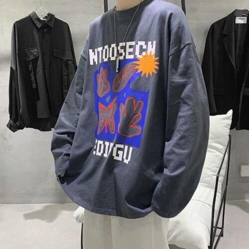 Autumn Men Clothing T Shirt Oversized Print Long Sleeve O Neck Loose Casual Harajuku Japan Style Hip Pop Unisex Clothes Cotton