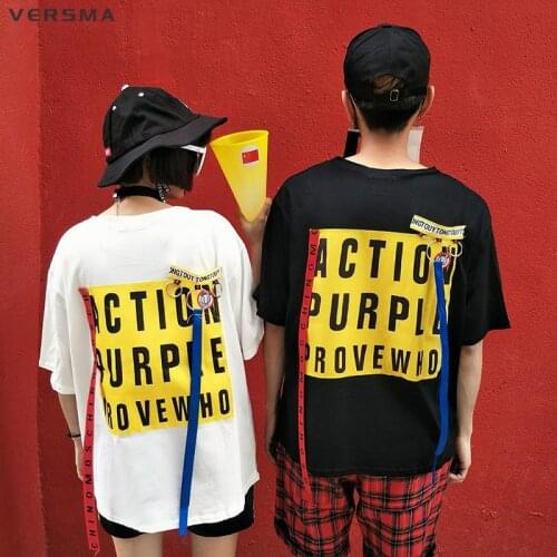 VERSMA 2017 Korean Ulzzang Harajuku Ribbon Patchwork Letter Printed T-shirt Men Women Summer Hip Hop BF Loose Couple T Shirt Men
