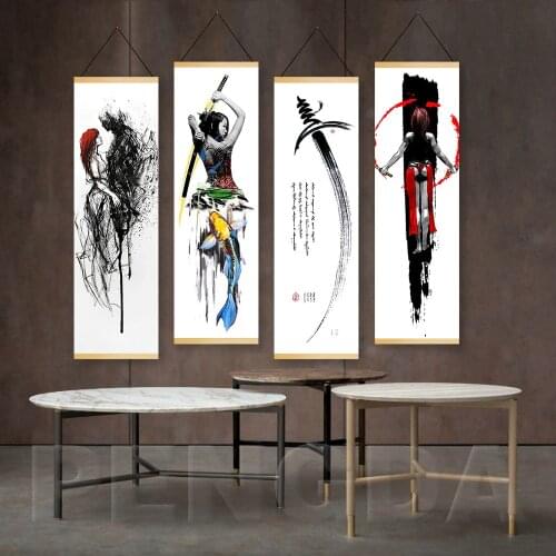 Home Decoration Wall Art Simple Anime Japan Samurai Painting Solid Wood Hanging Scroll Canvas Print Modern Simple Picture Poster