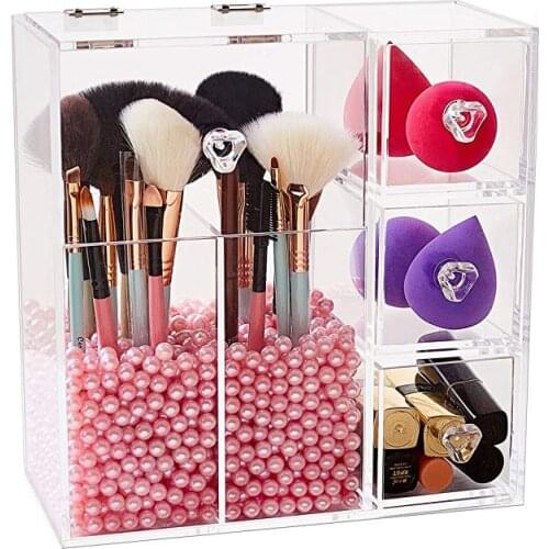 Clear Acrylic Makeup Organizer Cosmetic Brush Storage Box Acrylic Bathroom Storage Display Box 2 Brush Holders and 3 Drawers