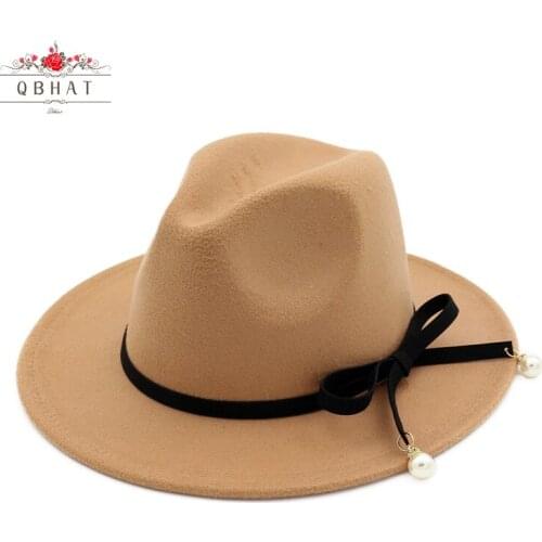 QBHAT Women Felt Woolen Jazz Trilby Derby Fedora Hat with Pearl Bowknot Decorated Fashion Ladies Formal Hat Panama Gambler Cap