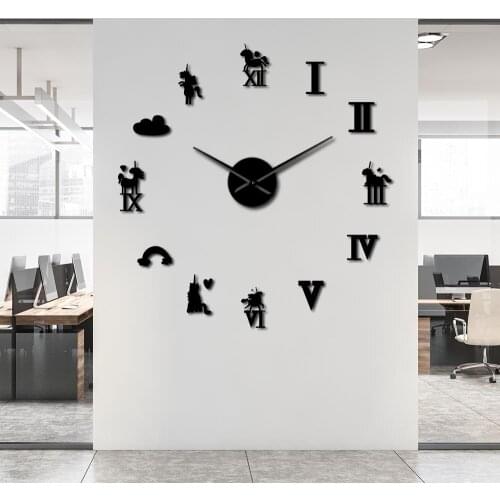 Rainbow Cloud Magical Unicorns DIY Large Number Wall Clock Modern Frameless Wall Watch Giant 3D Mirror Wall Decor Sticker