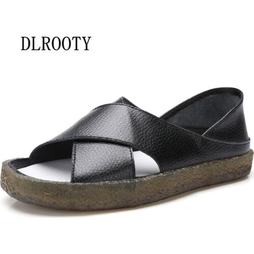 Women Sandals Flats Summer Fashion Platform Shoes Woman Genuine Leather Slides Peep Toe Slip On Solid Lady Casual Plus Size