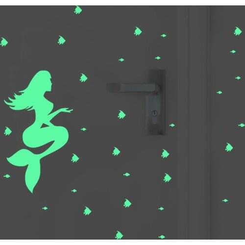Glow In The Dark Luminous Cartoon Mermaid Fish Switch Sticker Fluorescent Fairy Kid Room Holiday Decoration Home PVC Wall Decor