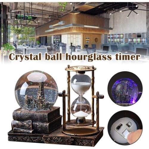 2 in 1 Retro Crystal Ball Hourglass Timer with Light Music Decoration for Desk Cabinet Living Room Home _WK