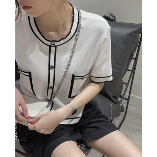 Knitted Sweater Cardigan Women Spring Round Neck Single Breasted Jacket Ladies Elegant Short Sleeve Outwear Top